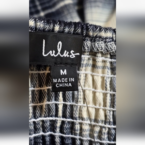 Lulu's No One Cuter Navy & White Plaid Puffed Sleeve Tiered Mini Dress M Western - Picture 9 of 11